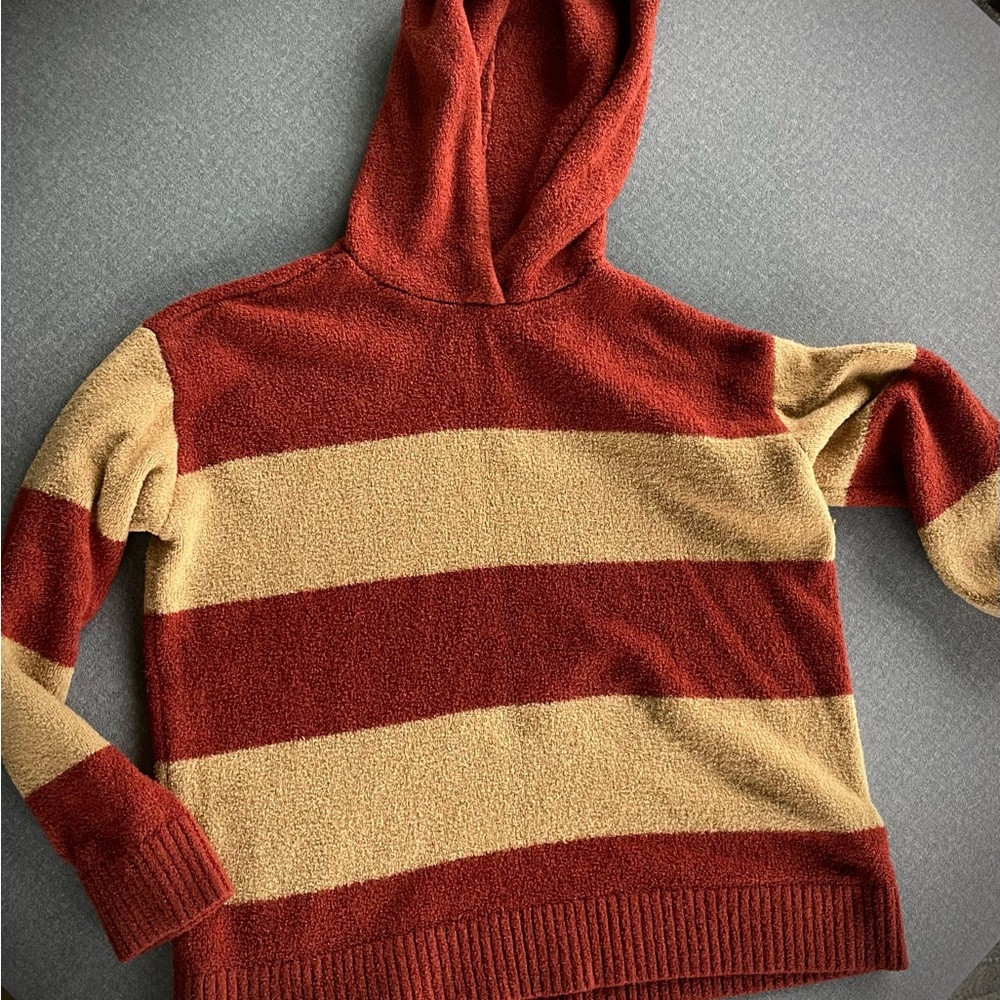 Lands’ End Women’s Striped Burgundy/Tan Hooded Sweater/Sweatshirt XS